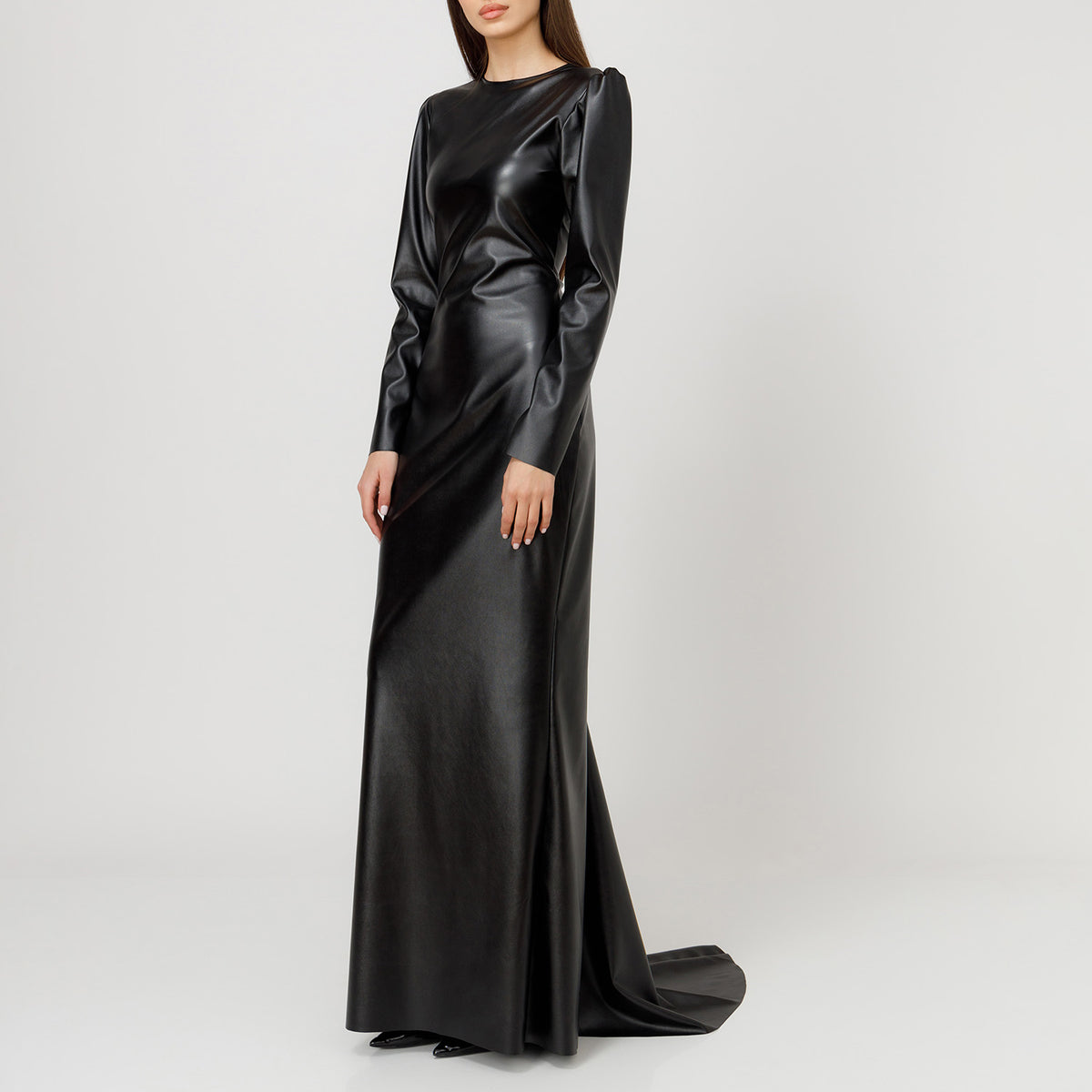 faux leather formal dress Lana Faux Leather Slit Formal Dress