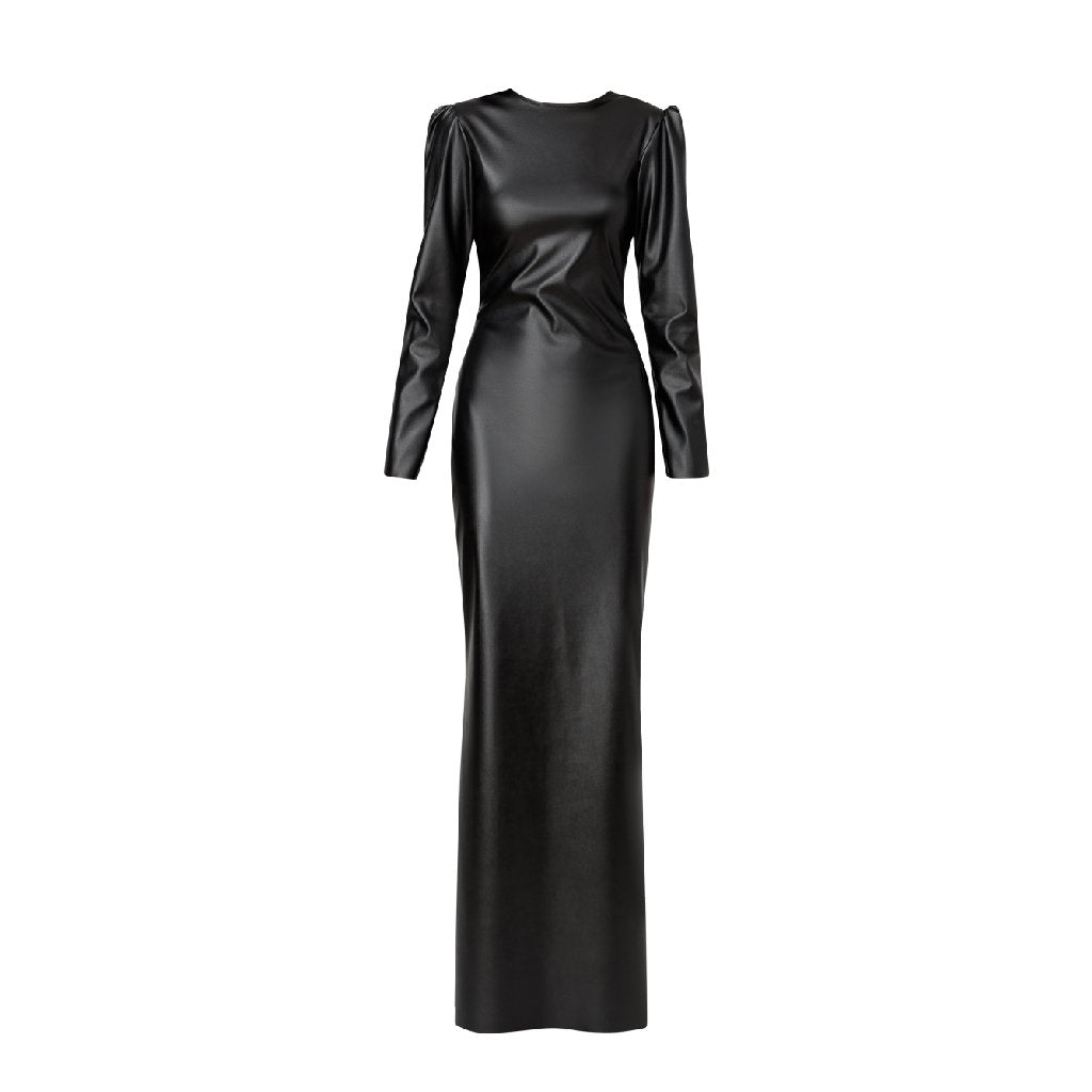 green emerald velvet dress Long Sleeve Faux Leather Midi Dress Fern M main image 0