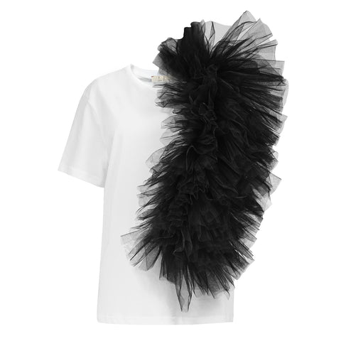 Regular Tee With Asymmetric Tulle Panel