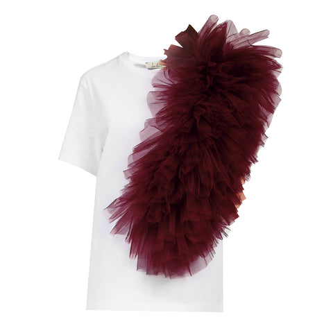Regular Tee With Asymmetric Tulle Panel In Burgundy