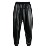 Faux Leather Elastic Edge Drawstring Trousers